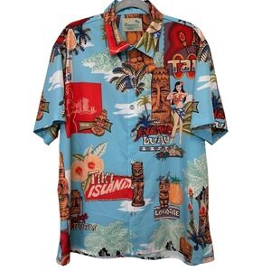 Royaura Mens Hawaiian Shirt XL Blue Tiki Island Luau Graphic Button Up Resort